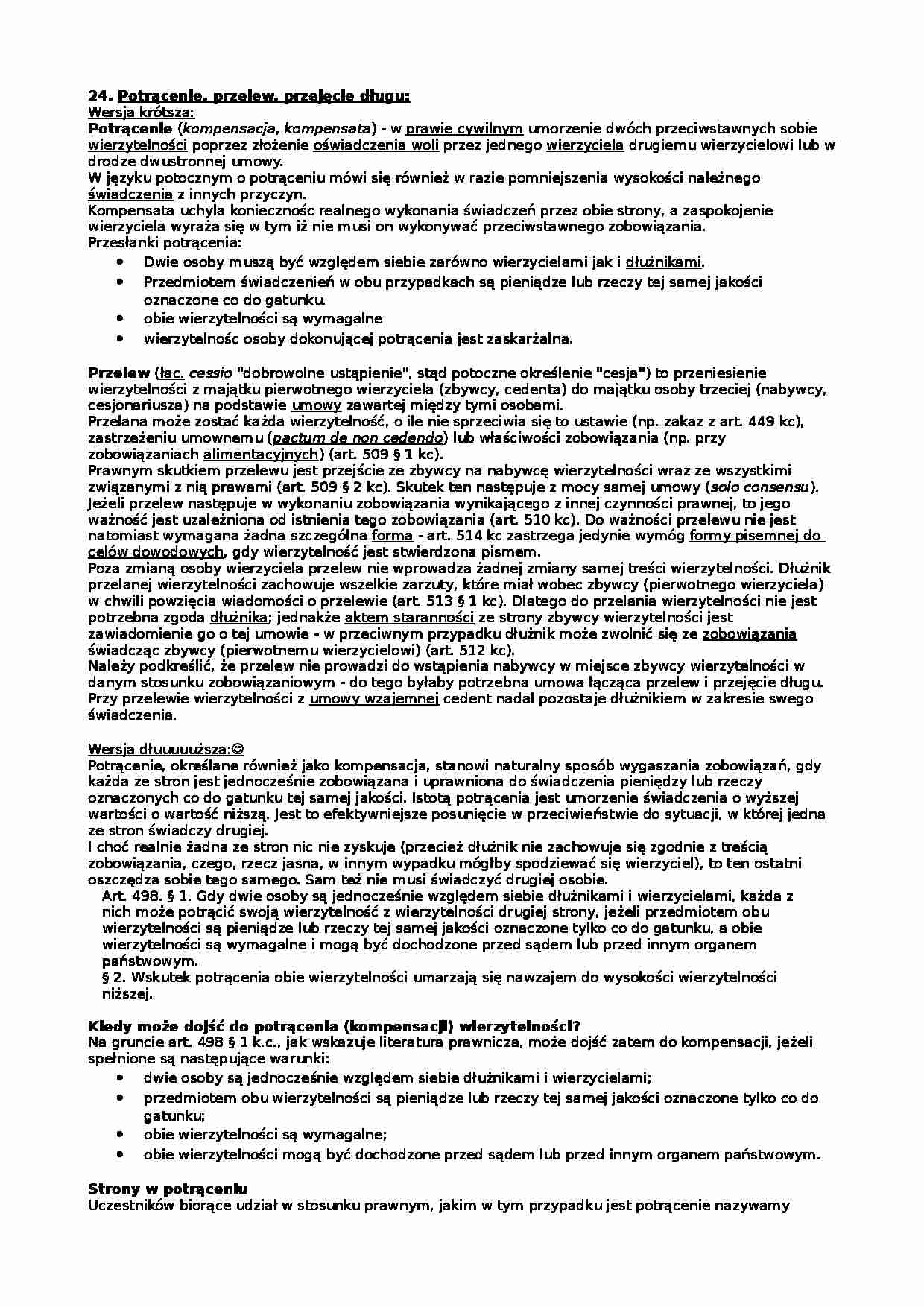 Potrącenie, przelew, przejęcie długu - wykład - strona 1