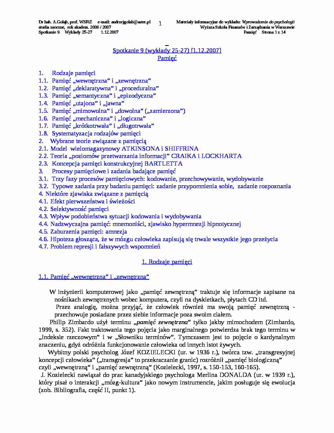 Psychologia- Pamięć - strona 1