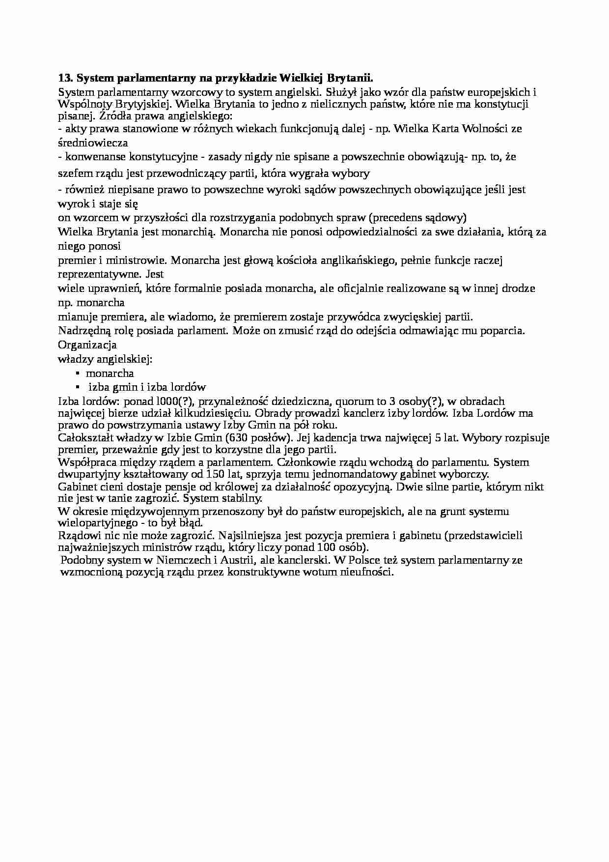 System parlamentarny na przykładzie Wielkiej Brytanii - wykład - strona 1