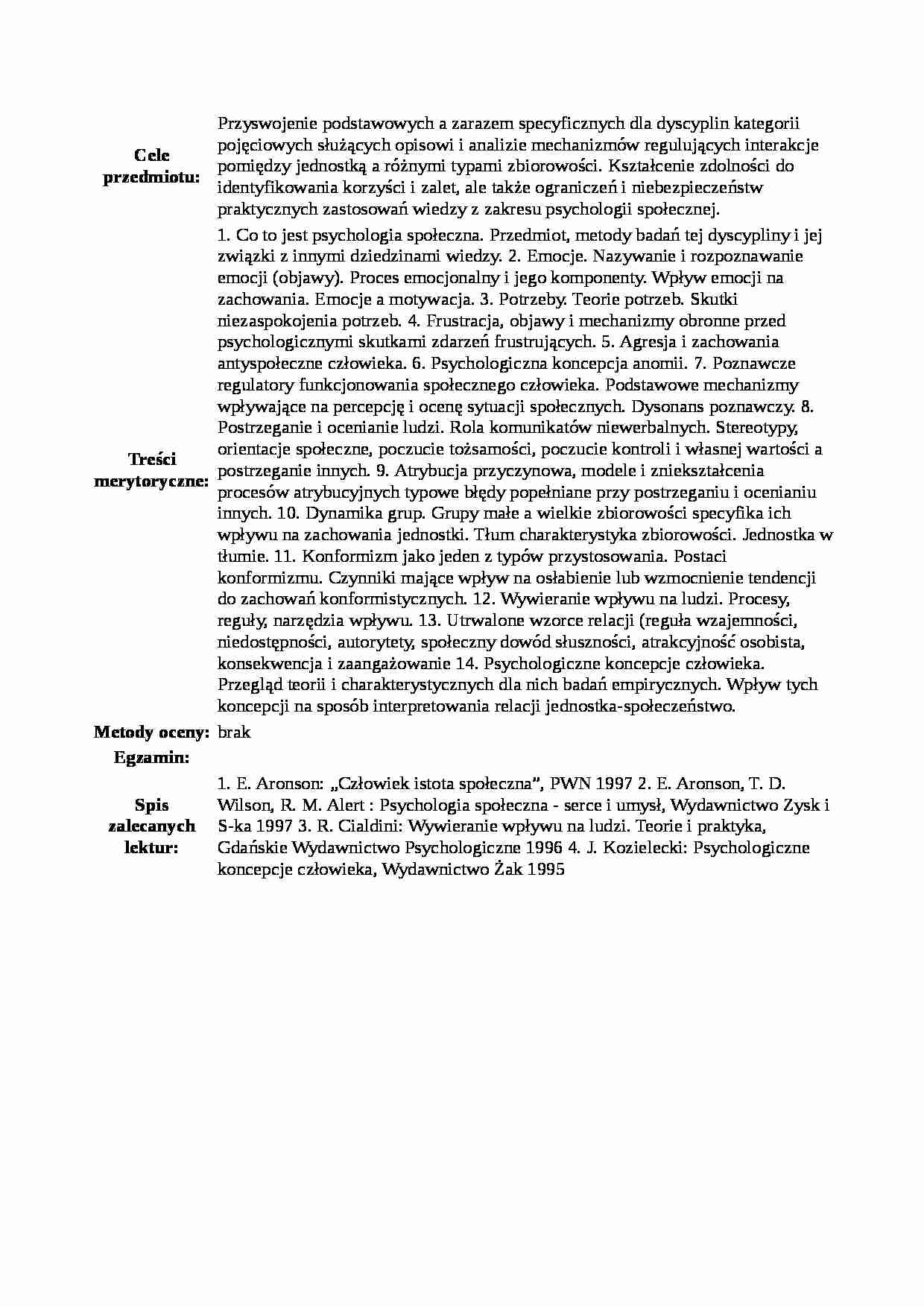 Sylabus przedmiotu podstawy psychologii społecznej - strona 1