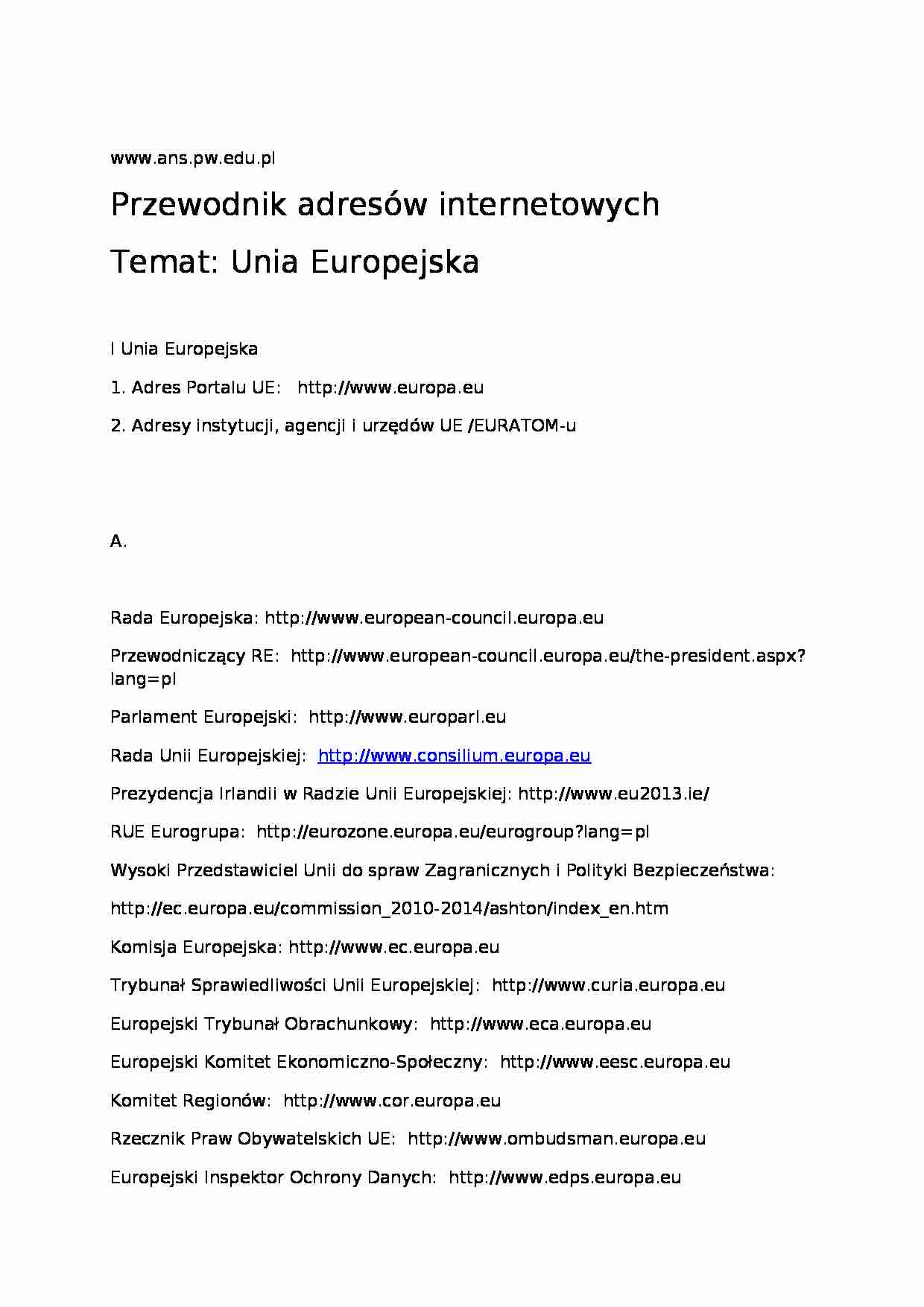 Adresy stron www o Unii Europejskiej - wykład - strona 1