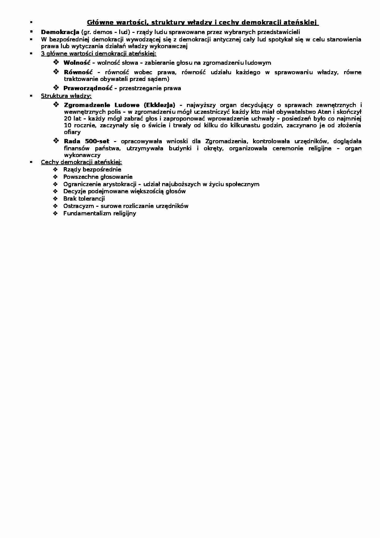 Główne wartości, struktury władzy i cechy demokracji ateńskiej - wykład - strona 1