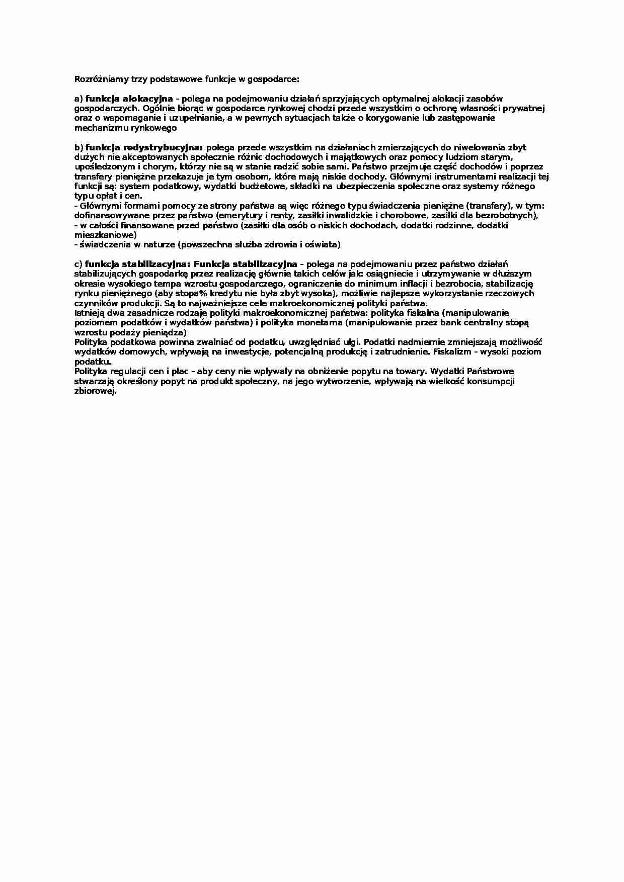 Ekonomiczne funkcje państwa - wykład - strona 1