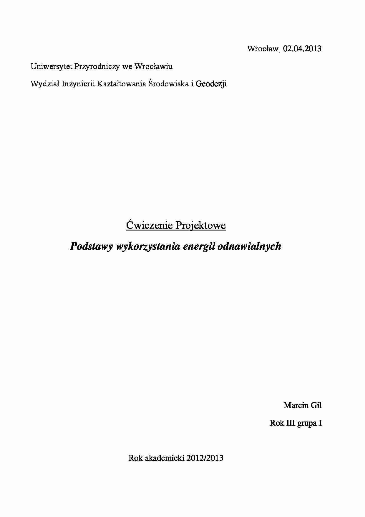 podstawy wykorzystania energii odnawialnej - projekt nr 2 - strona 1