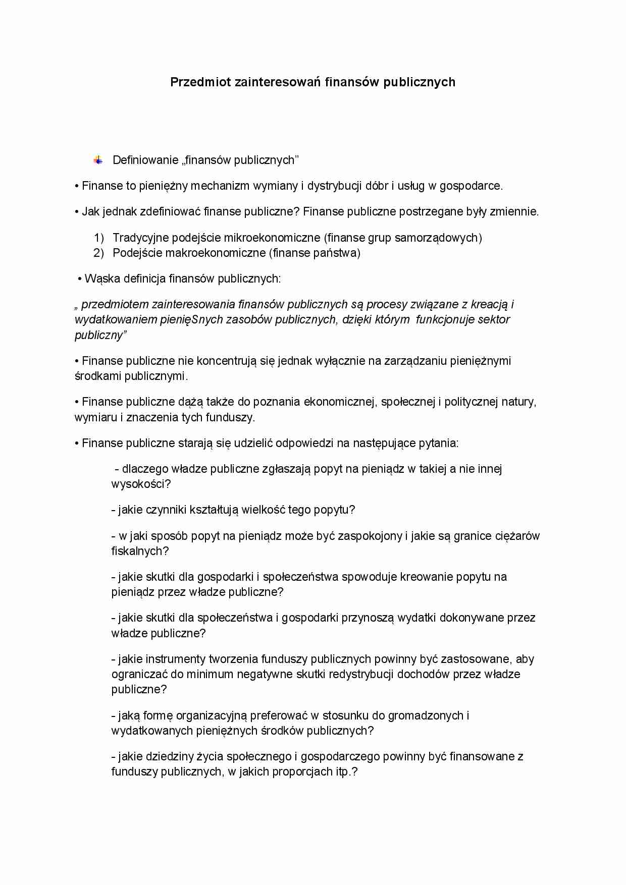 Przedmiot zainteresowań finansów publicznych - wykład - strona 1