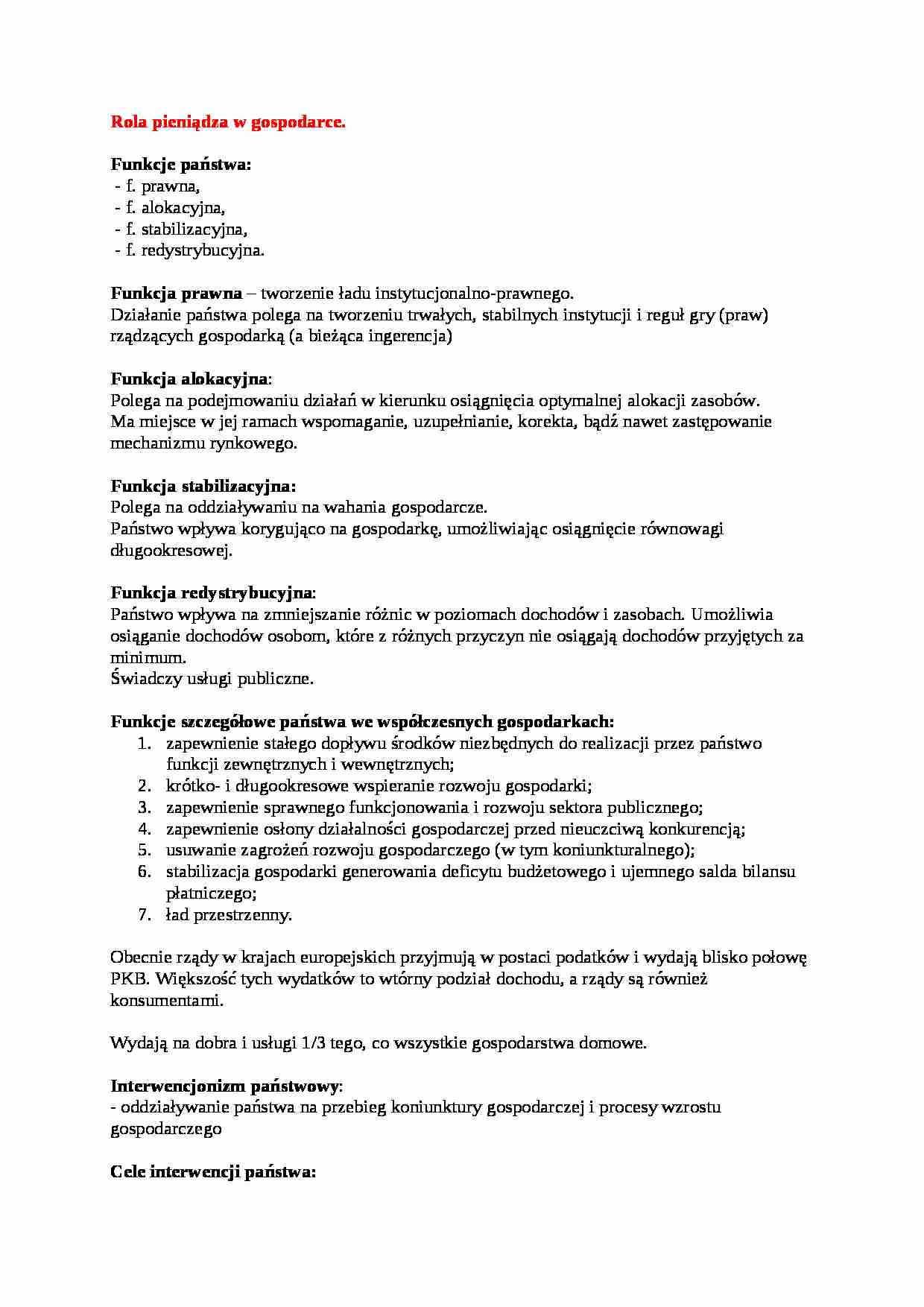 Rola pieniądza w gospodarce - wykład - strona 1