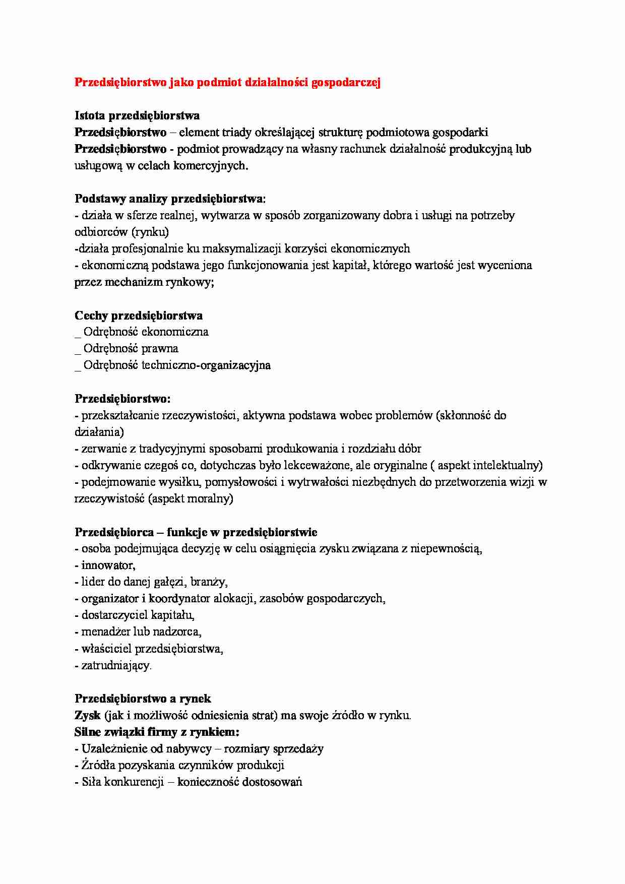 Przedsiębiorstwo jako podmiot działalności gospodarczej - wykład - strona 1