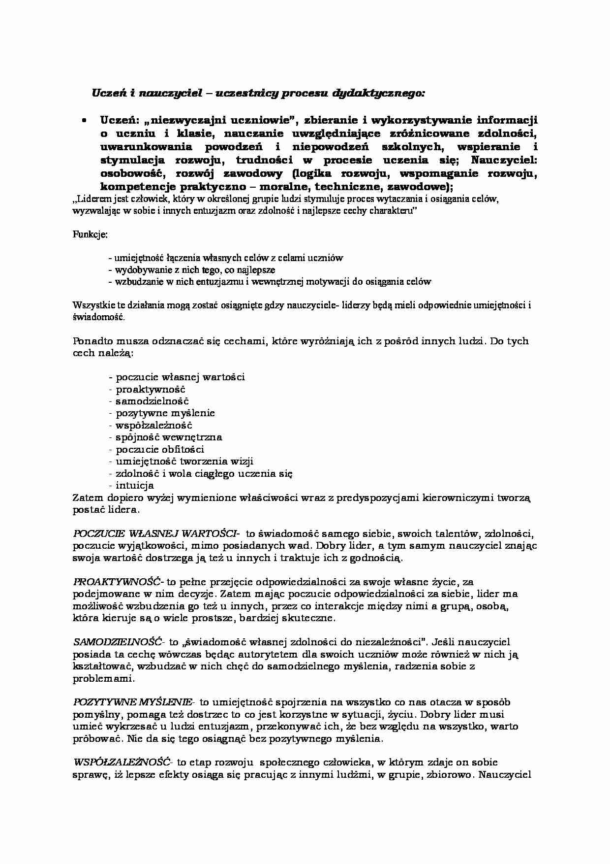 Uczeń i nauczyciel - uczestnicy procesu nauczania - wykład - strona 1