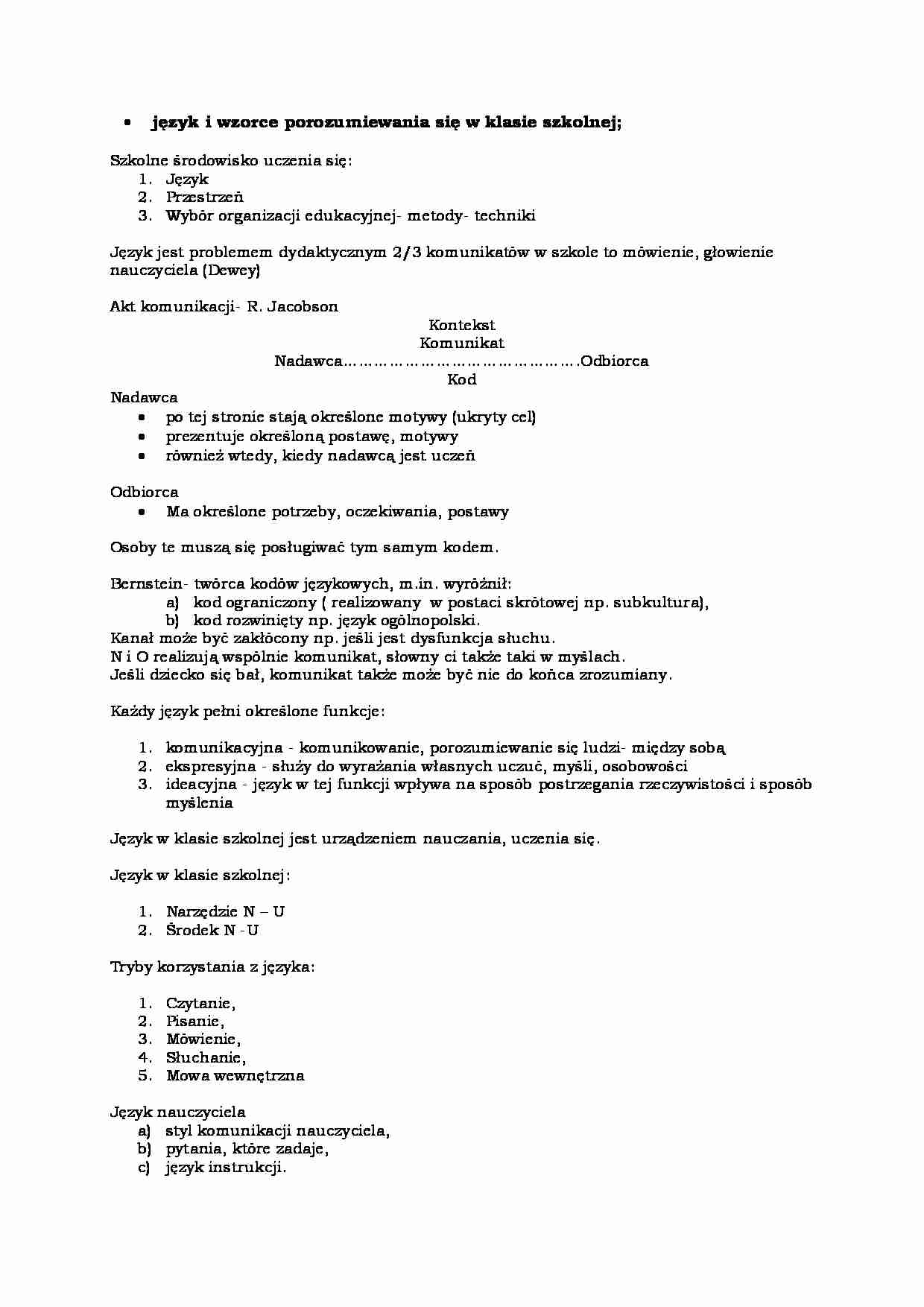 Język i wzorce porozumiewania się w klasie szkolnej - wykład - strona 1