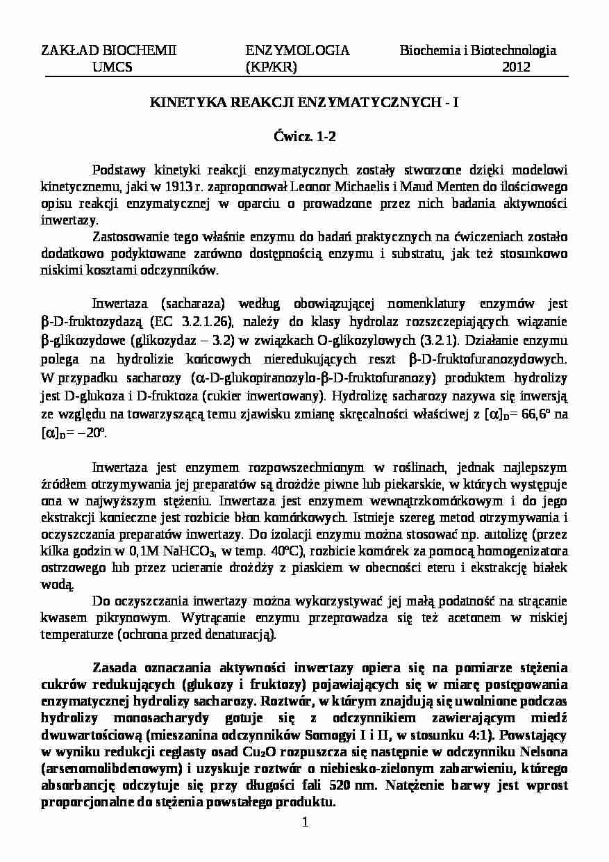 Kinetyka reakcji enzymatycznych - wykład - strona 1