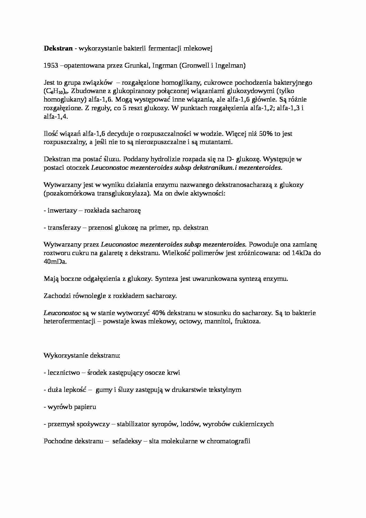Wykład - Dekstran, produkcja napojów mlecznych - strona 1