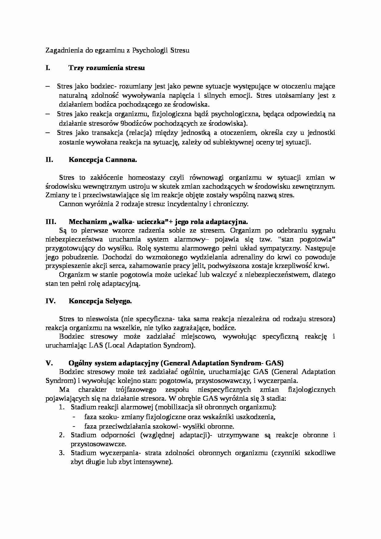 Zagadnienia do egzaminu z psychologii stresu-opracowanie - strona 1