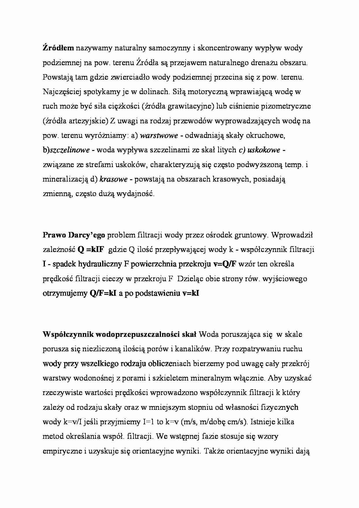 Źródło, Prawo Darcyego, współczynnik wodoprzepuszczalności - strona 1