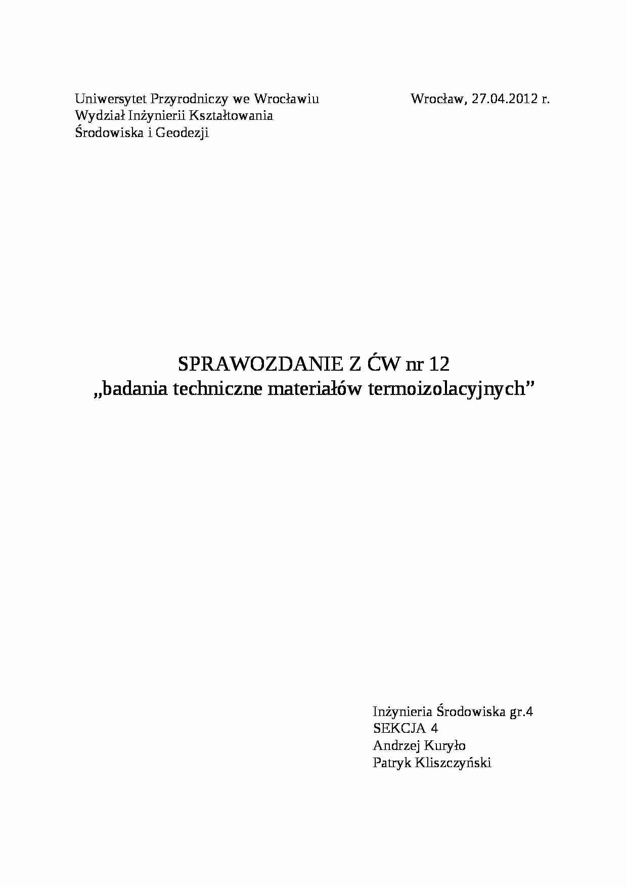 Sprawozdanie z materiałów termoizolacyjnych - strona 1