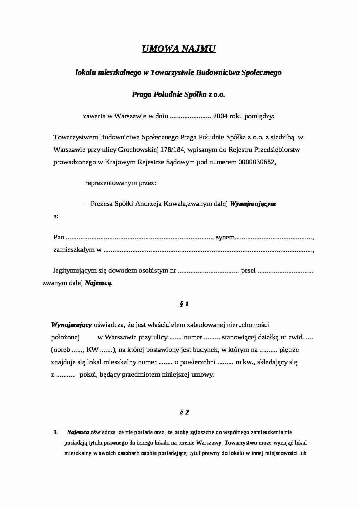 Umowa najmu TBS - strona 1