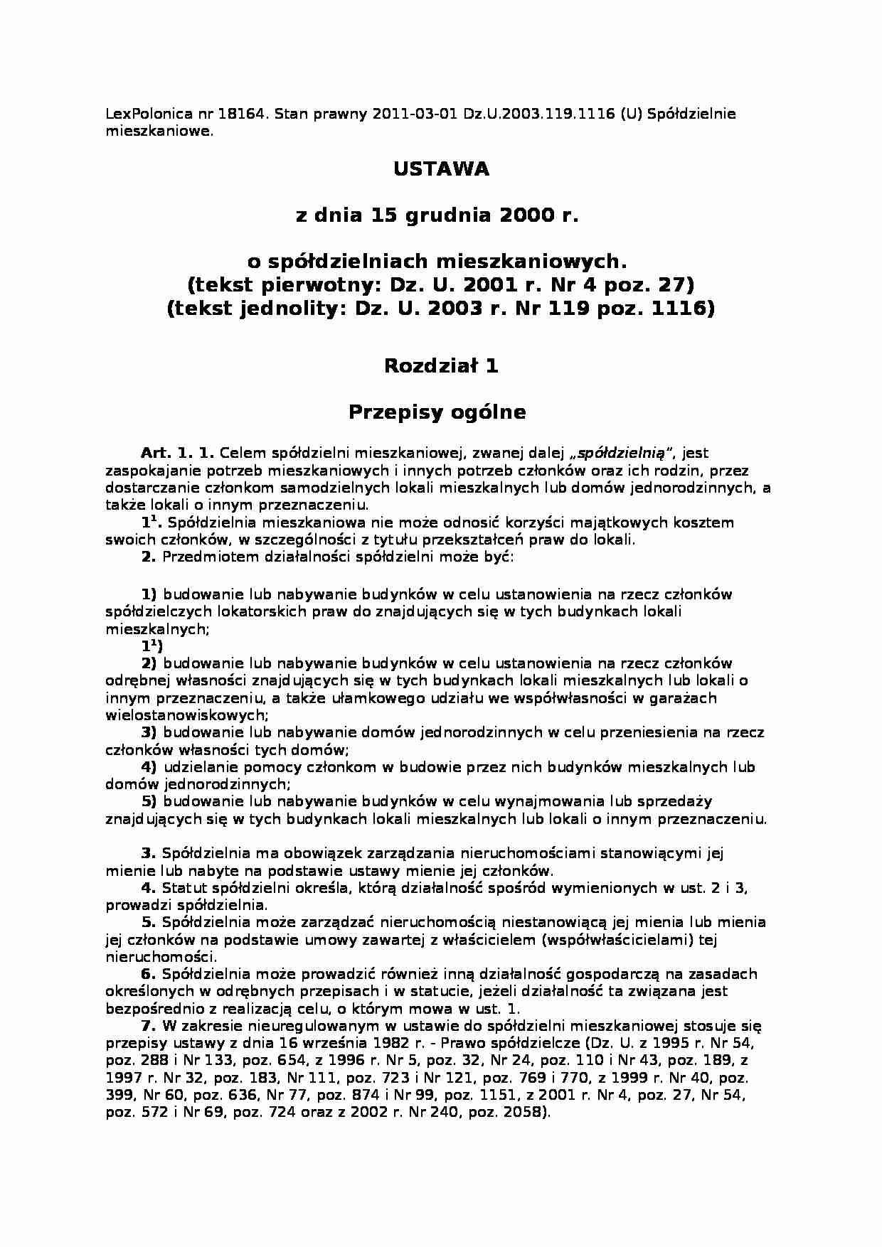 Ustawa spółdzielnie mieszkaniowe - strona 1