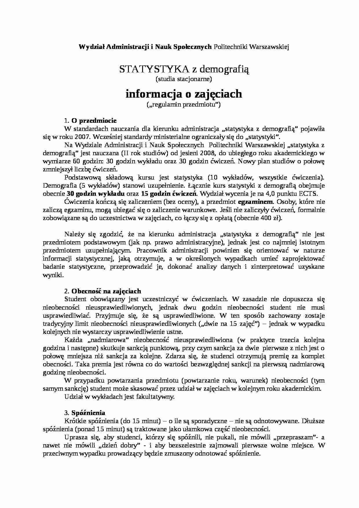 Statystyka - Informacja o przedmiocie (X 2012) - strona 1