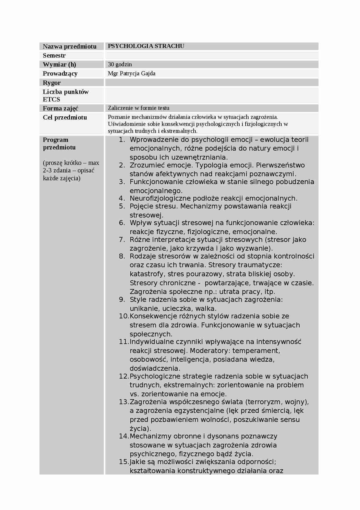 Psychologia strachu - Sylabus - strona 1