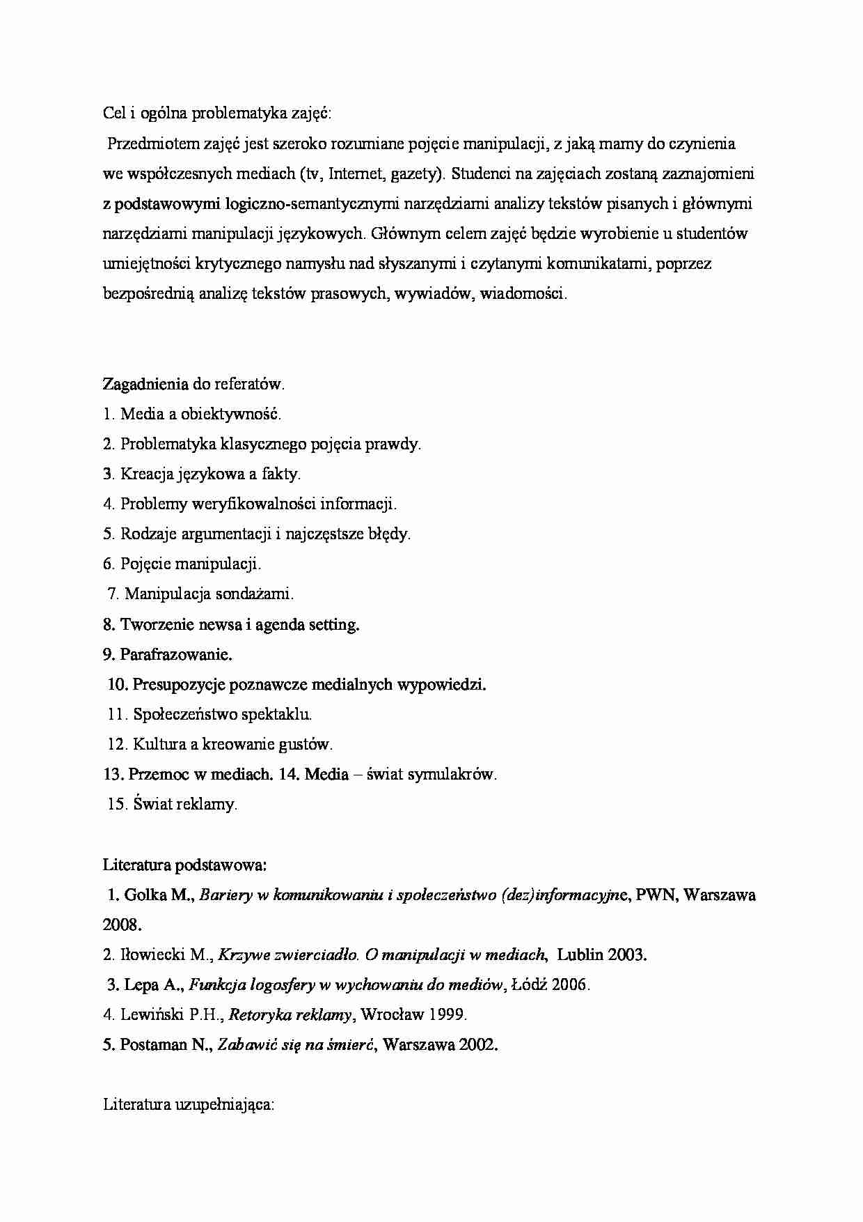 Zagadnienia do referatów i literatura - strona 1