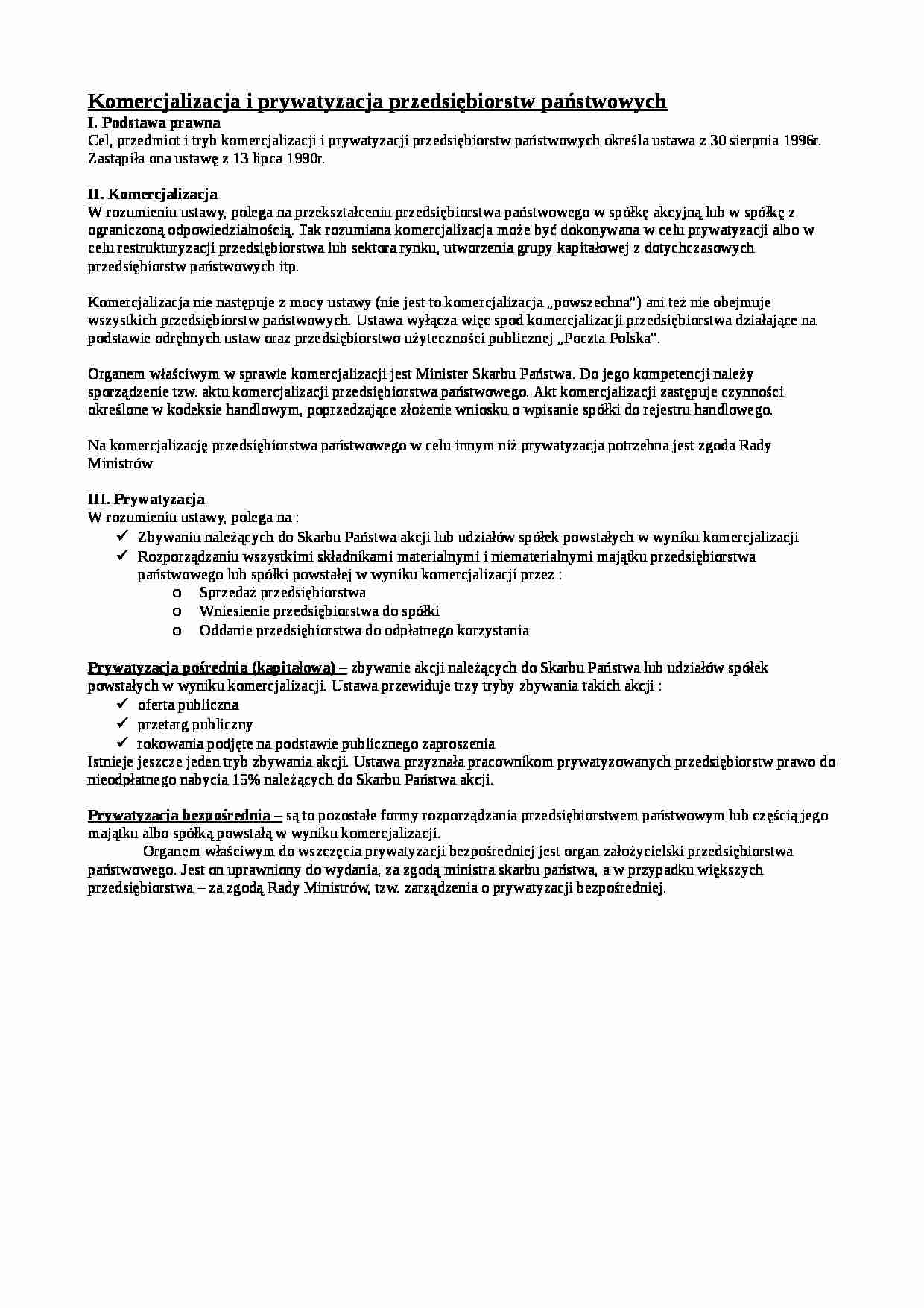 Komercjalizacja i prywatyzacja przedsiębiorstw państwowych - omówienie  - strona 1