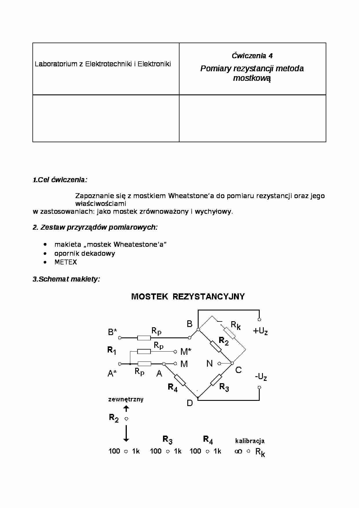 Pomiary rezystancji metodą mostkową- ćwiczenia 4 - strona 1