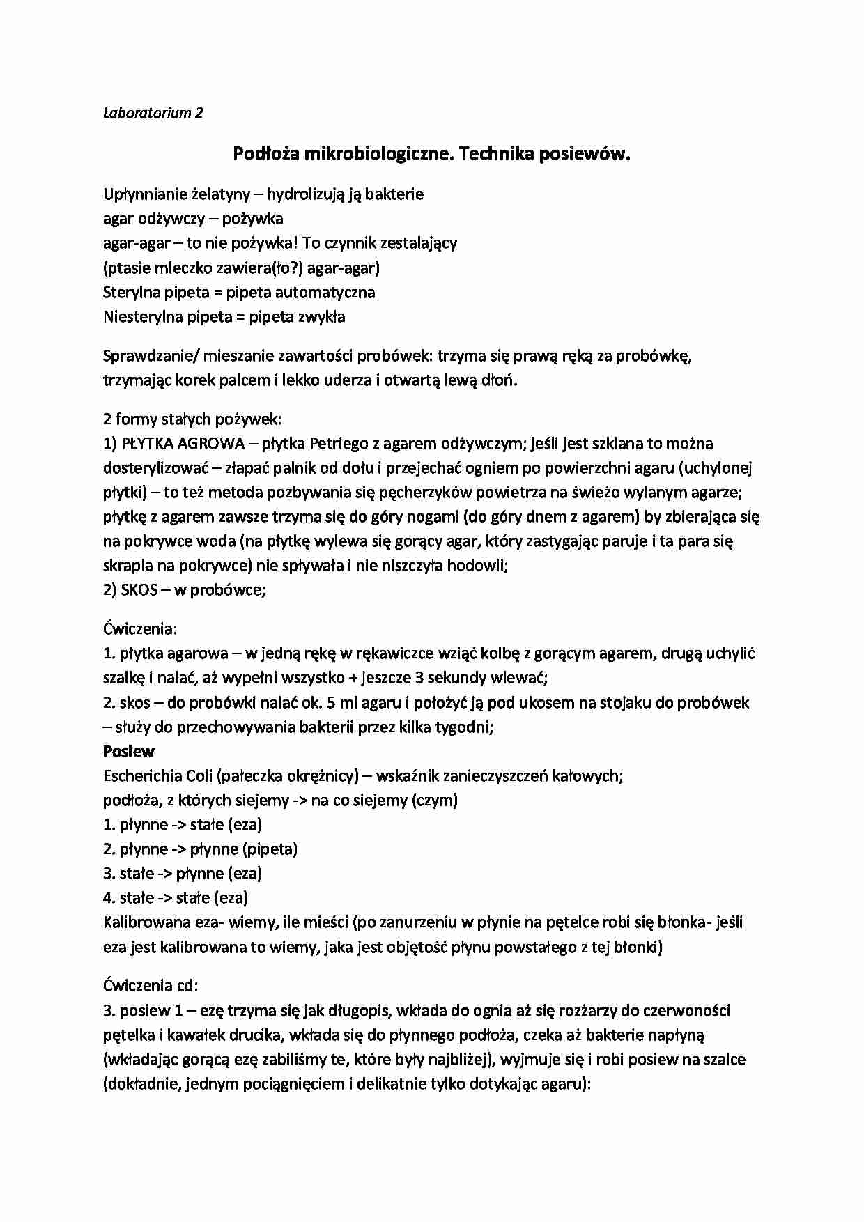 Podłoża mikrobiologiczne, technika posiewów- laboratorium 2 - strona 1