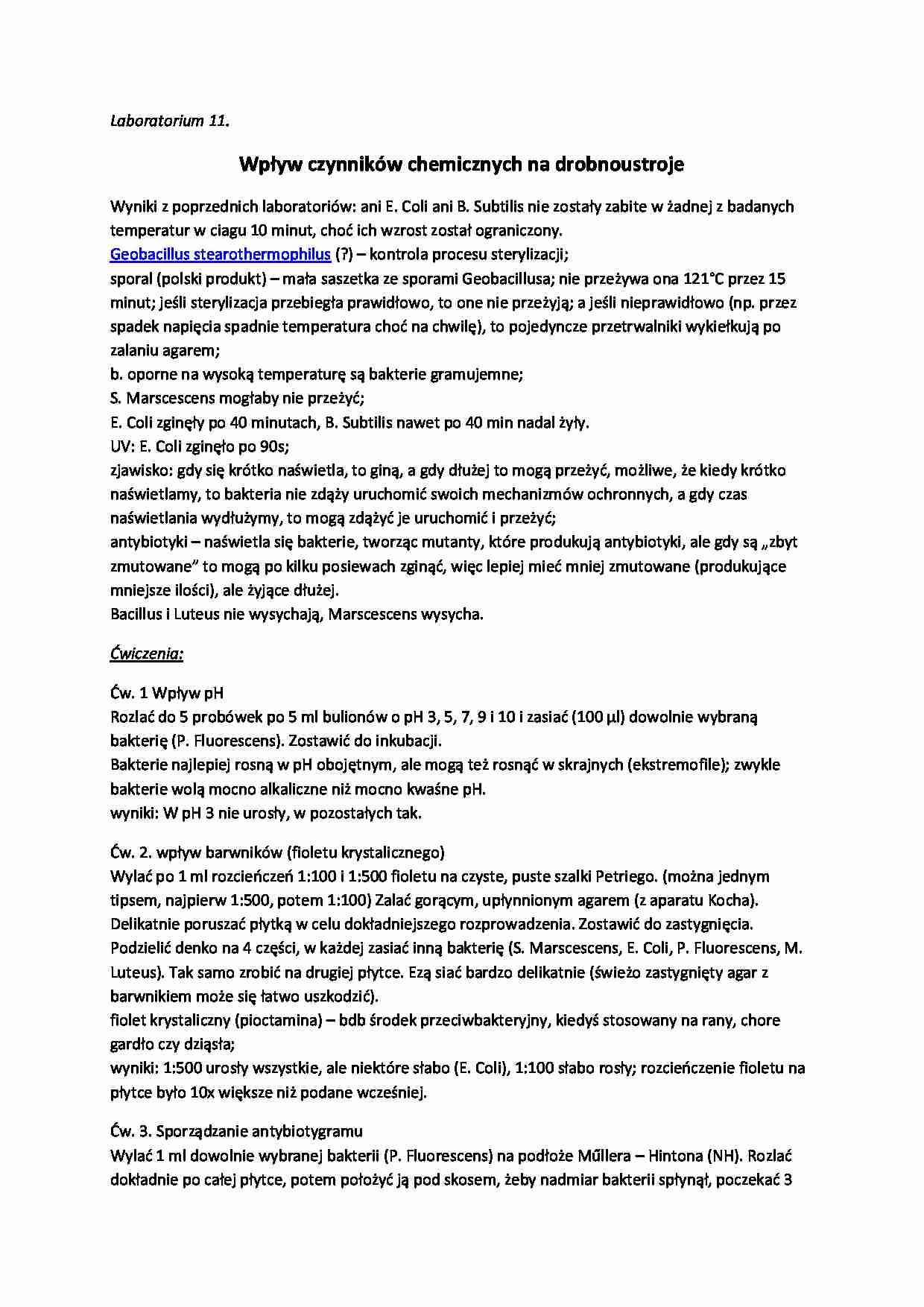 Wpływ czynników chemicznych na drobnoustroje- laboratorium 11 - strona 1