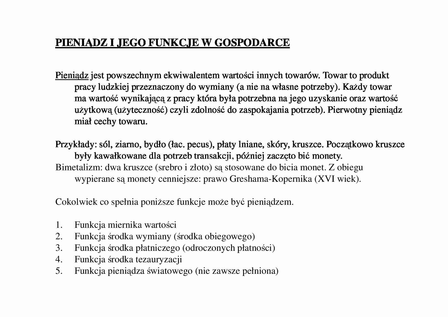 Pieniądz i jego funkcje w gospodarce - strona 1