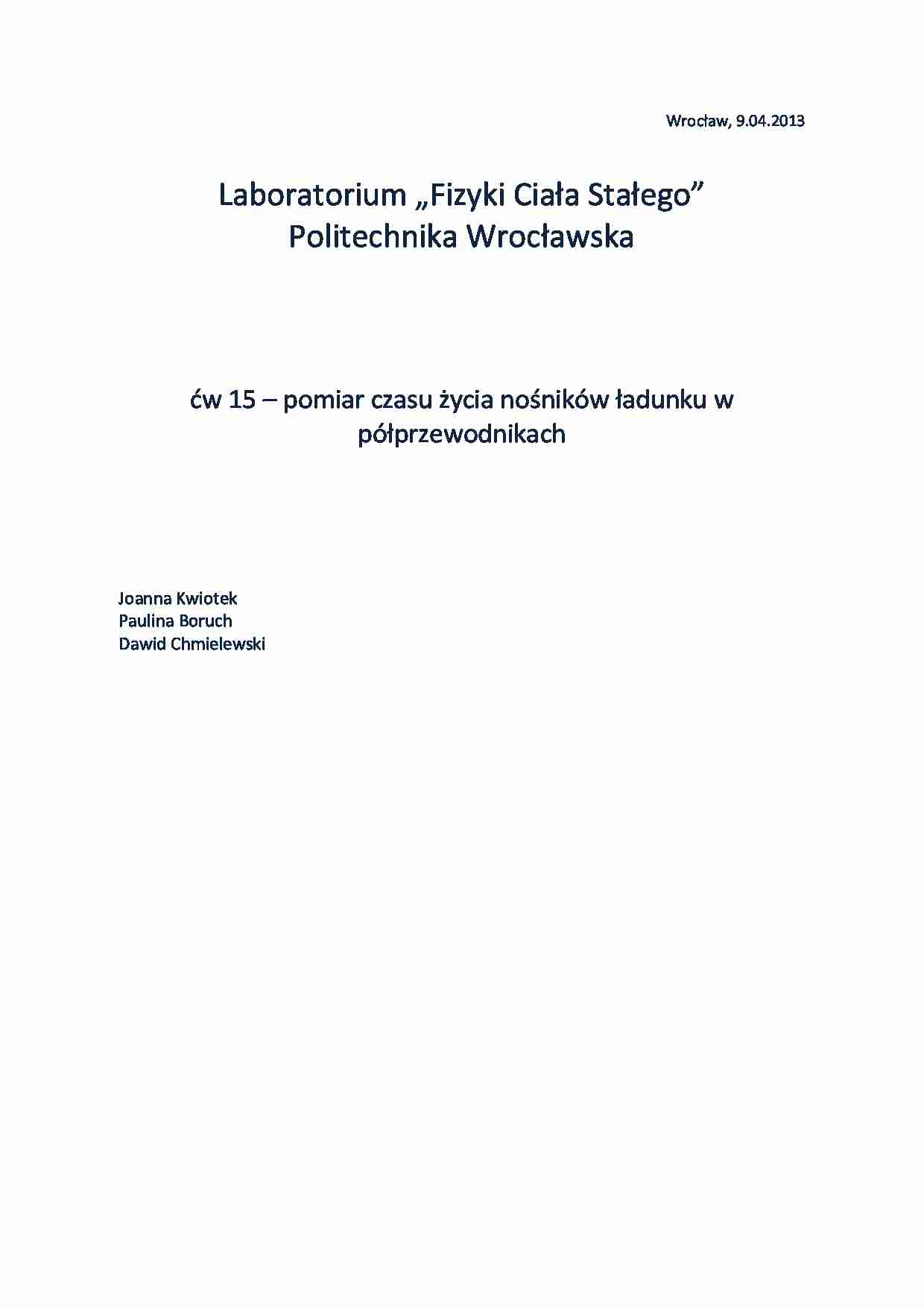 Pomiar czasu życia nośników ładunku w półprzewodnikach- ćwiczenie 15 - strona 1