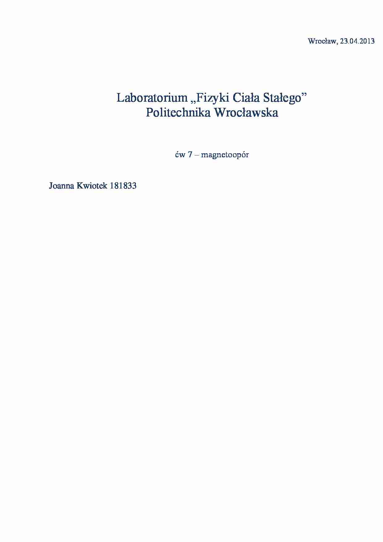 Laboratorium „Fizyki Ciała Stałego”  - strona 1