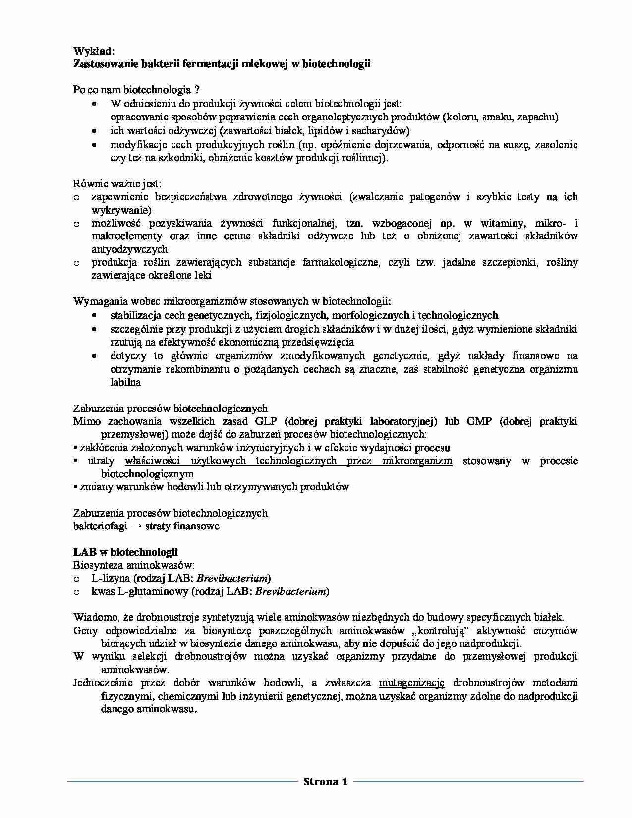 Zastosowanie bakterii fermentacji mlekowej w biotechnologii- wykład - strona 1