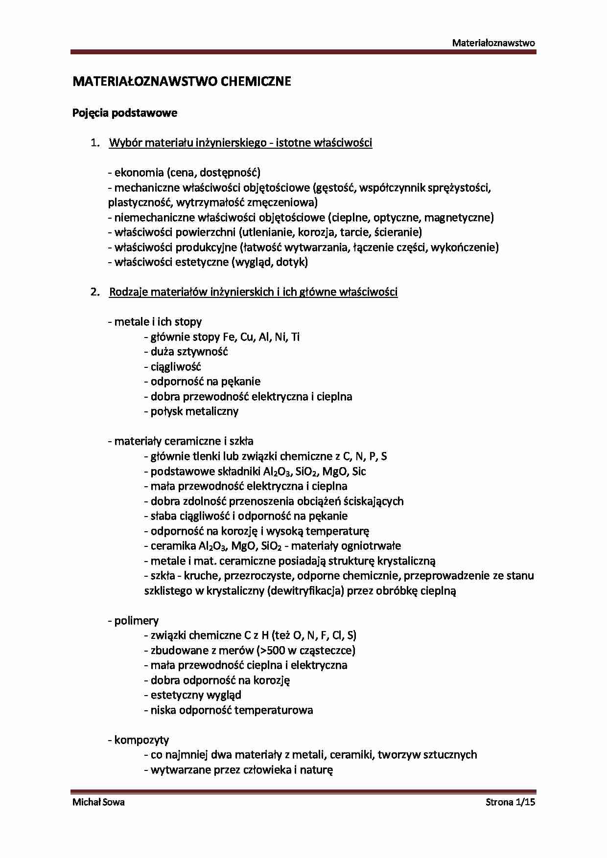 Materiałoznawstwo chemiczne- opracowanie - strona 1