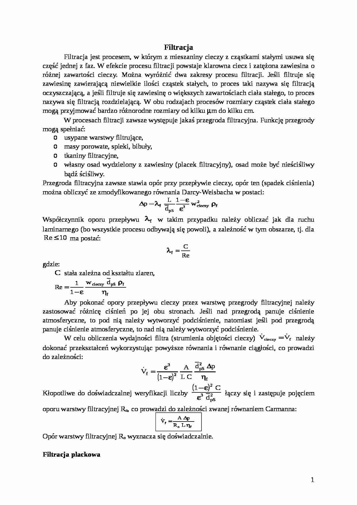 Filtracja- opracowanie - Filtracja plackowa - strona 1