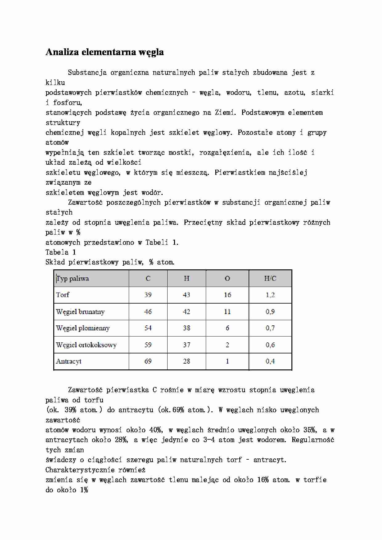 Analiza elementarna węgla- opracowanie - strona 1