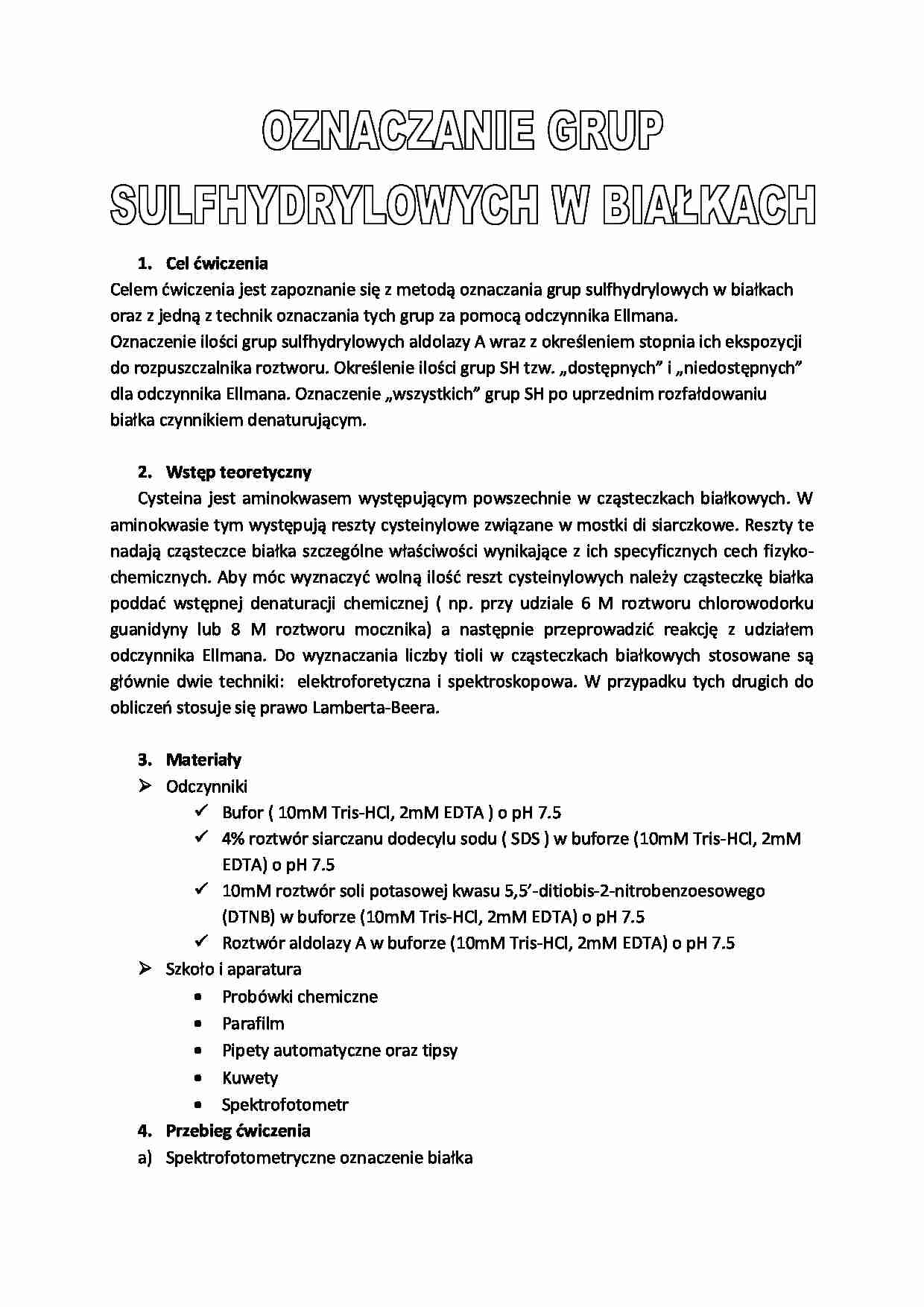 Oznaczanie grup sulfhydrolowych w białkach- ćwiczenia - strona 1