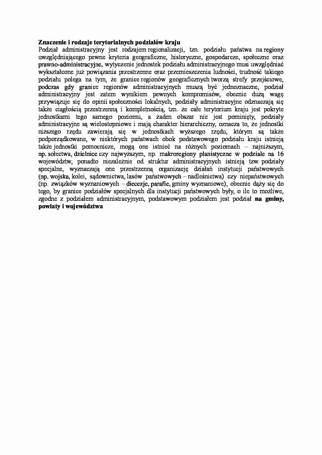 Znaczenie i rodzaje terytorialnych podziałów kraju - wykład - strona 1