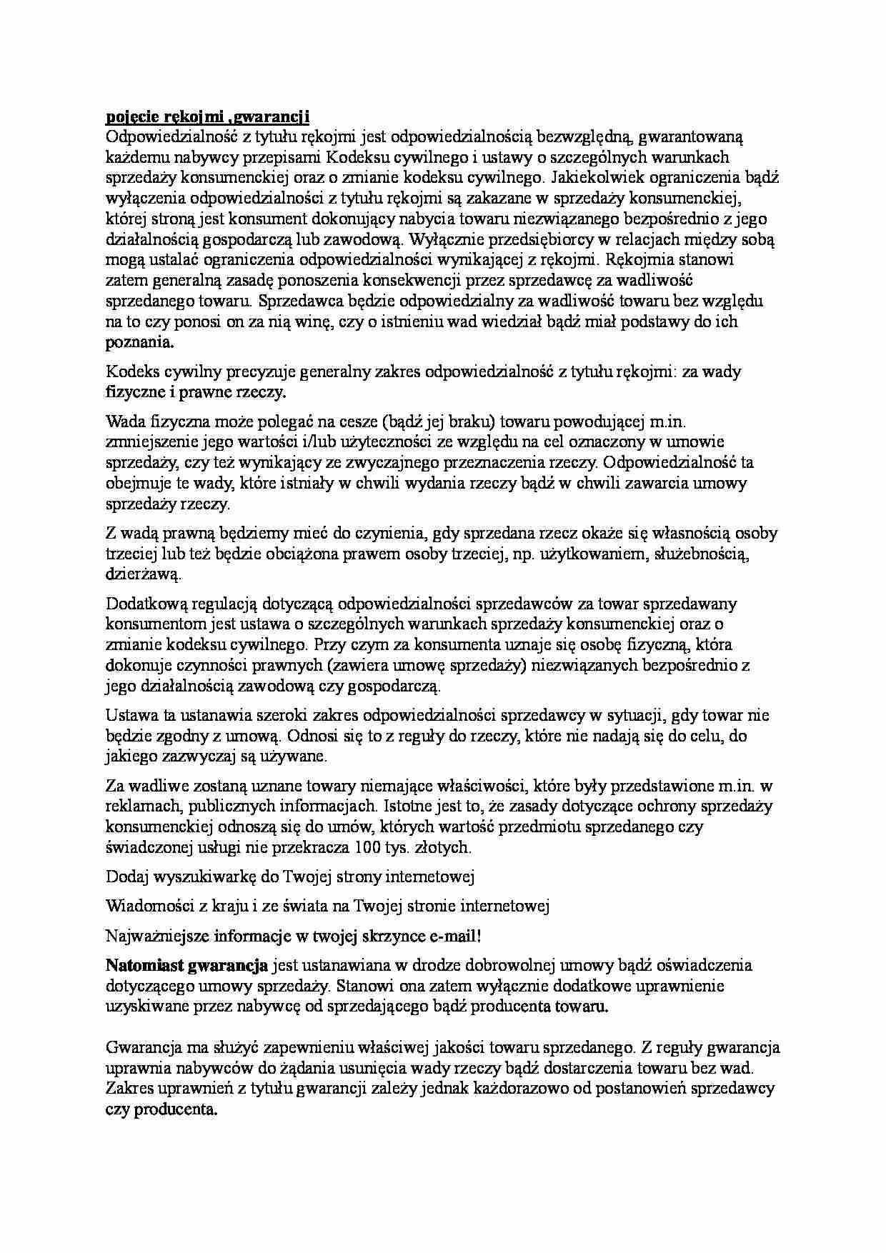 Wykład - pojęcie rękojmi i gwarancji - strona 1