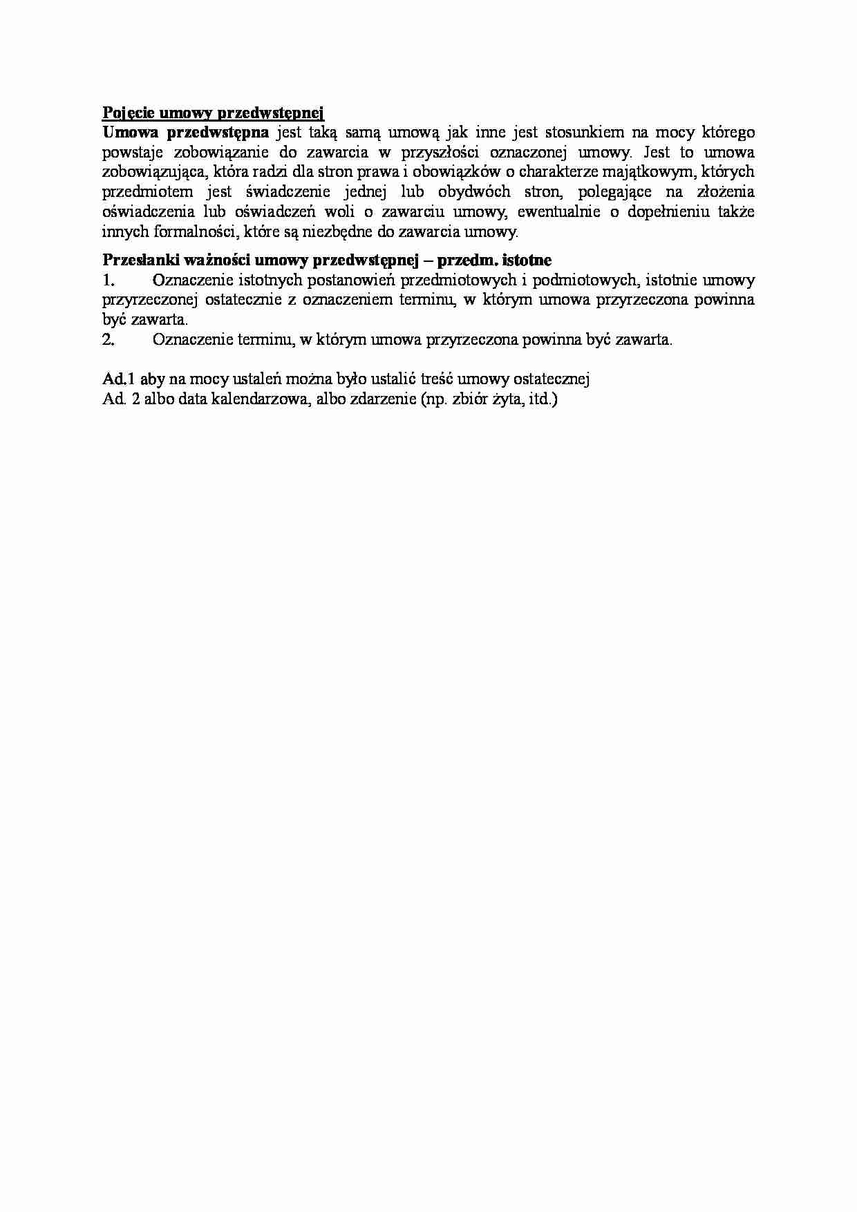 Wykład - pojęcie umowy przedwstępnej - strona 1