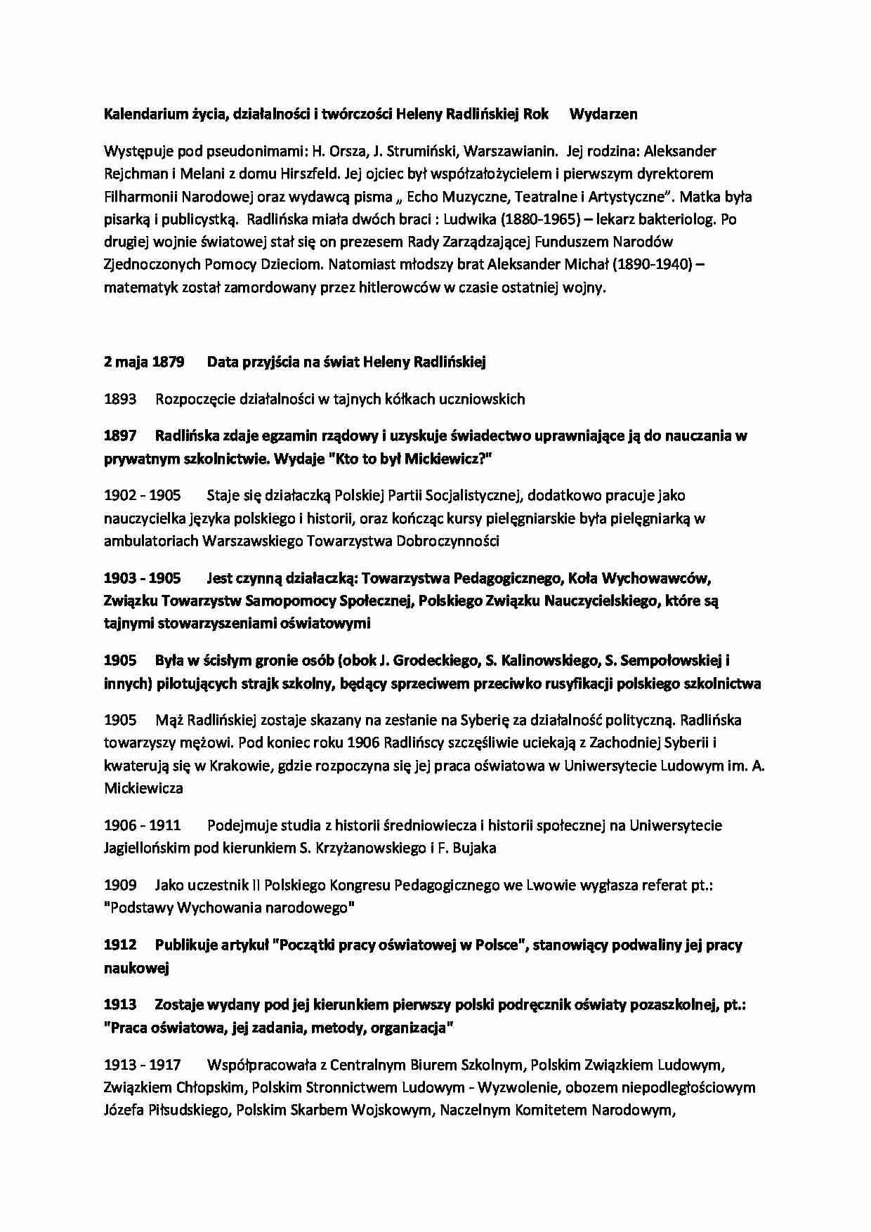 Kalendarium życia Helen Radlińskiej-opracowanie - strona 1