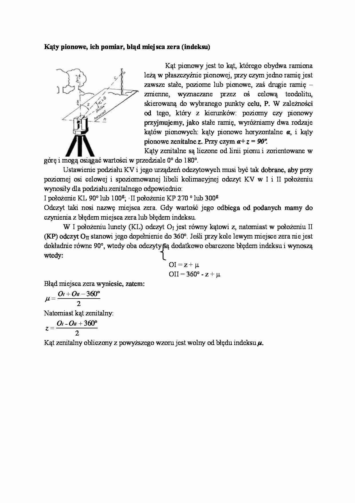 Kąty pionowe, ich pomiar, błąd miejsca zera- opracowanie - strona 1