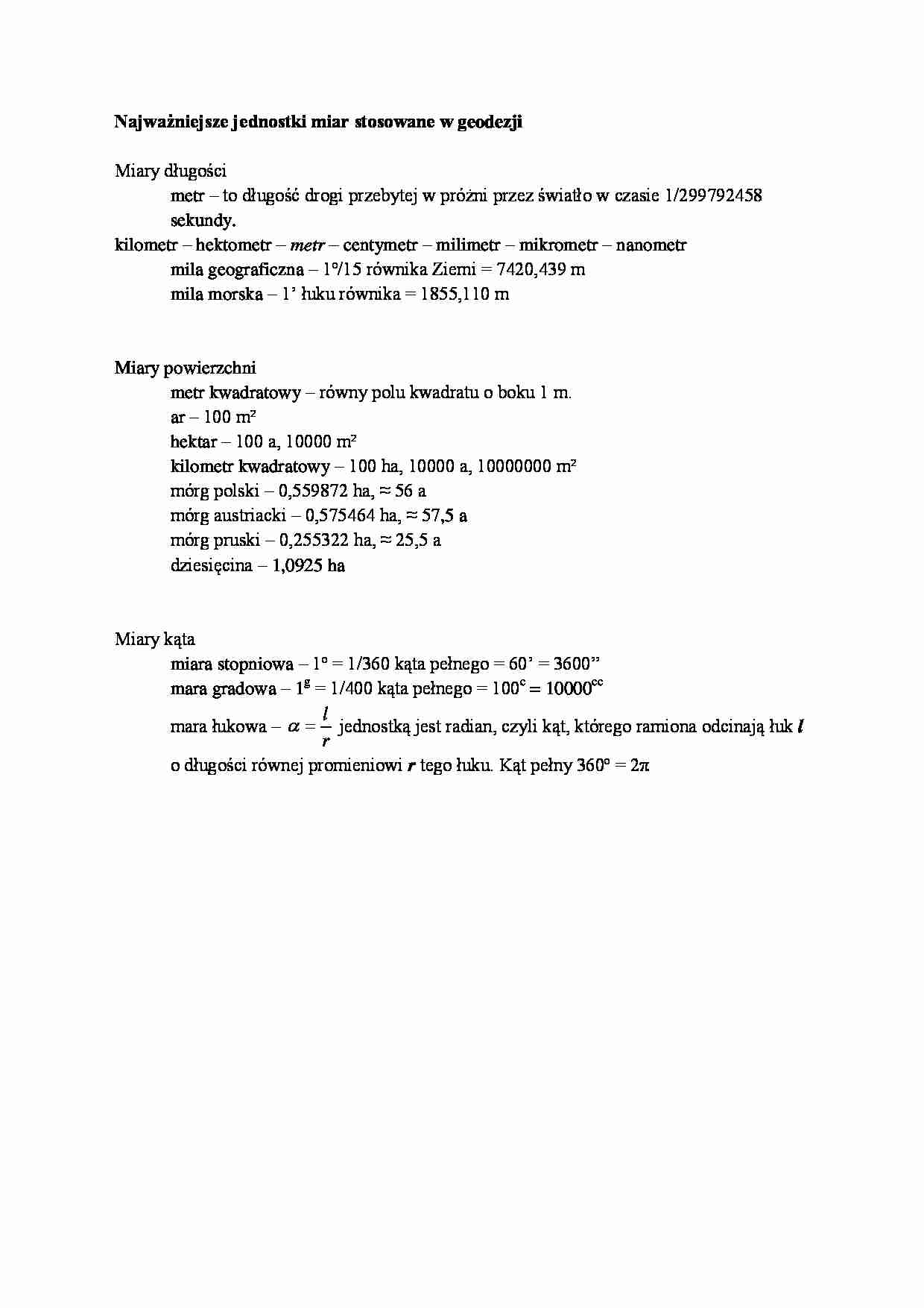 Najwaąniejsze jednostki miar stosowane w geodezji- opracowanie - strona 1