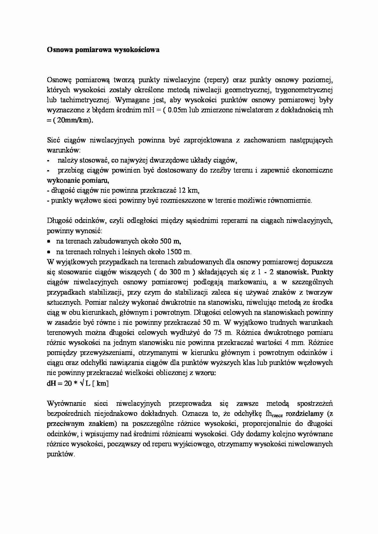 Osnowa pomiarowa wysokościowa- opracowanie - strona 1