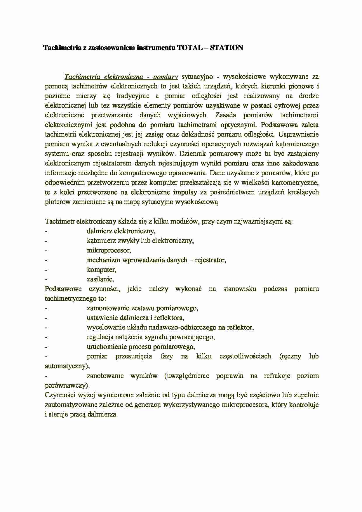 Tachimetria z zastosowaniem instrumentu TOTAL - STATION - strona 1