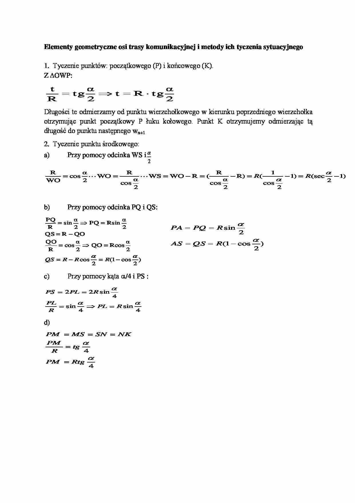 Elementy geometryczne osi trasy komunikacyjnej i metody ich tyczenia sytuacyjnego - strona 1