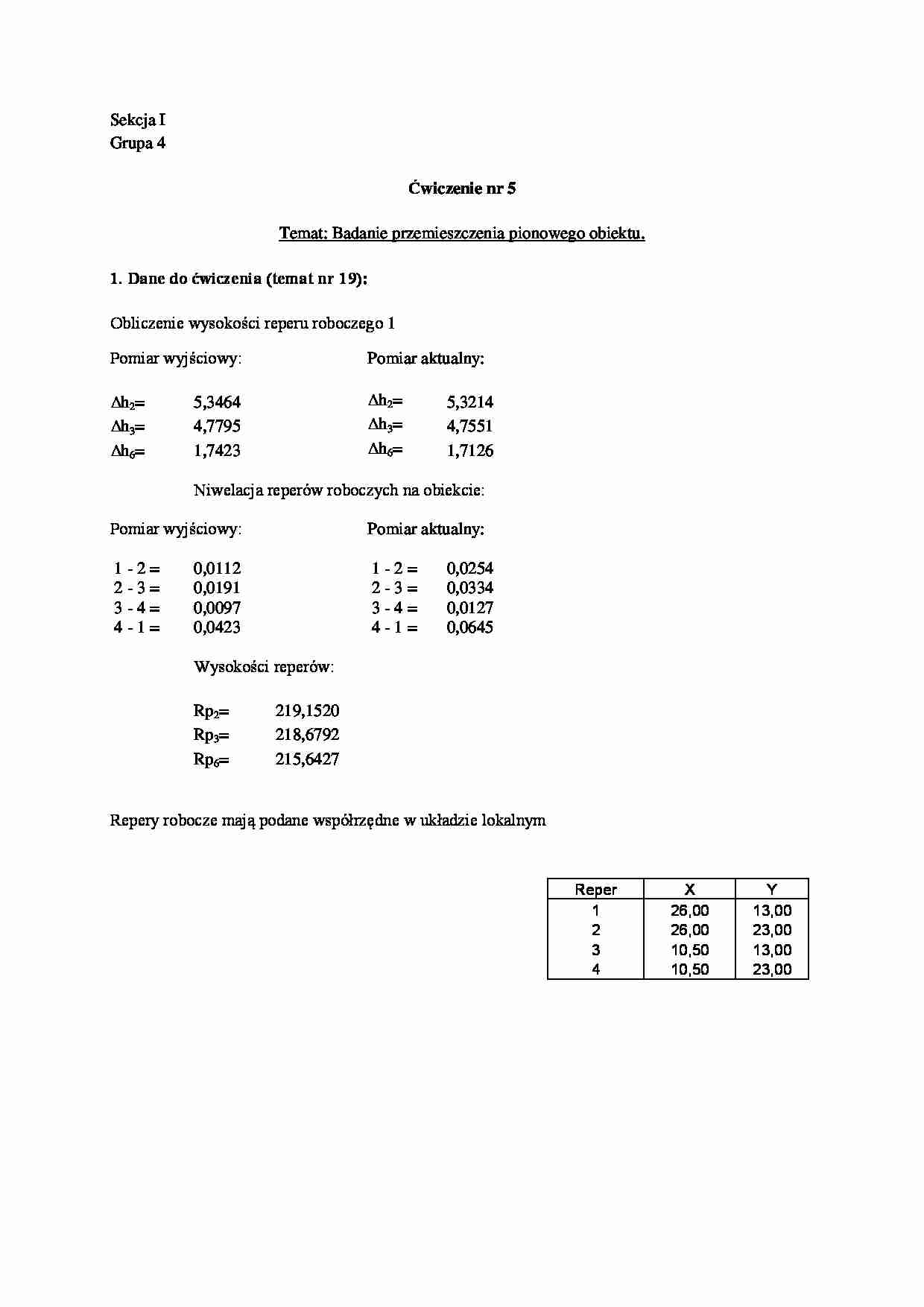 Badanie przemieszczenia pionowego obiektu - sprawozdanie - strona 1