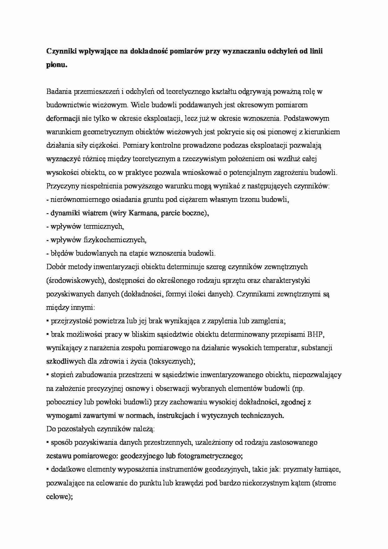  Czynniki wpływające na dokładność pomiarów przy wyznaczaniu odchyleń od linii pionu- opracowanie - strona 1