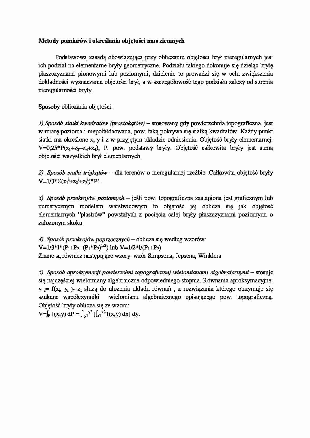 Metody pomiarów i określania objętości mas ziemnych- opracowanie - strona 1