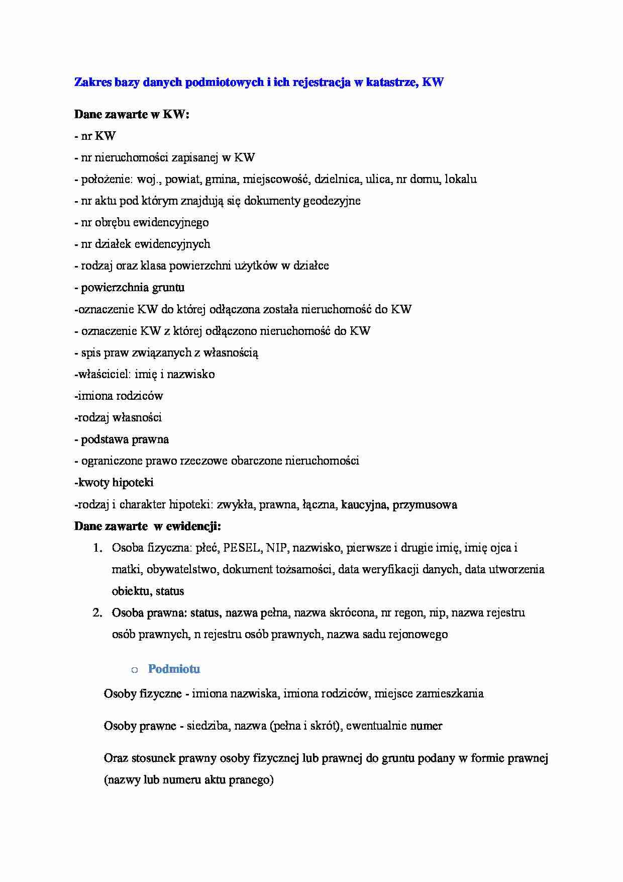 Zakres bazy danych podmiotowych i ich rejestracja w katastrze- opracowanie - strona 1