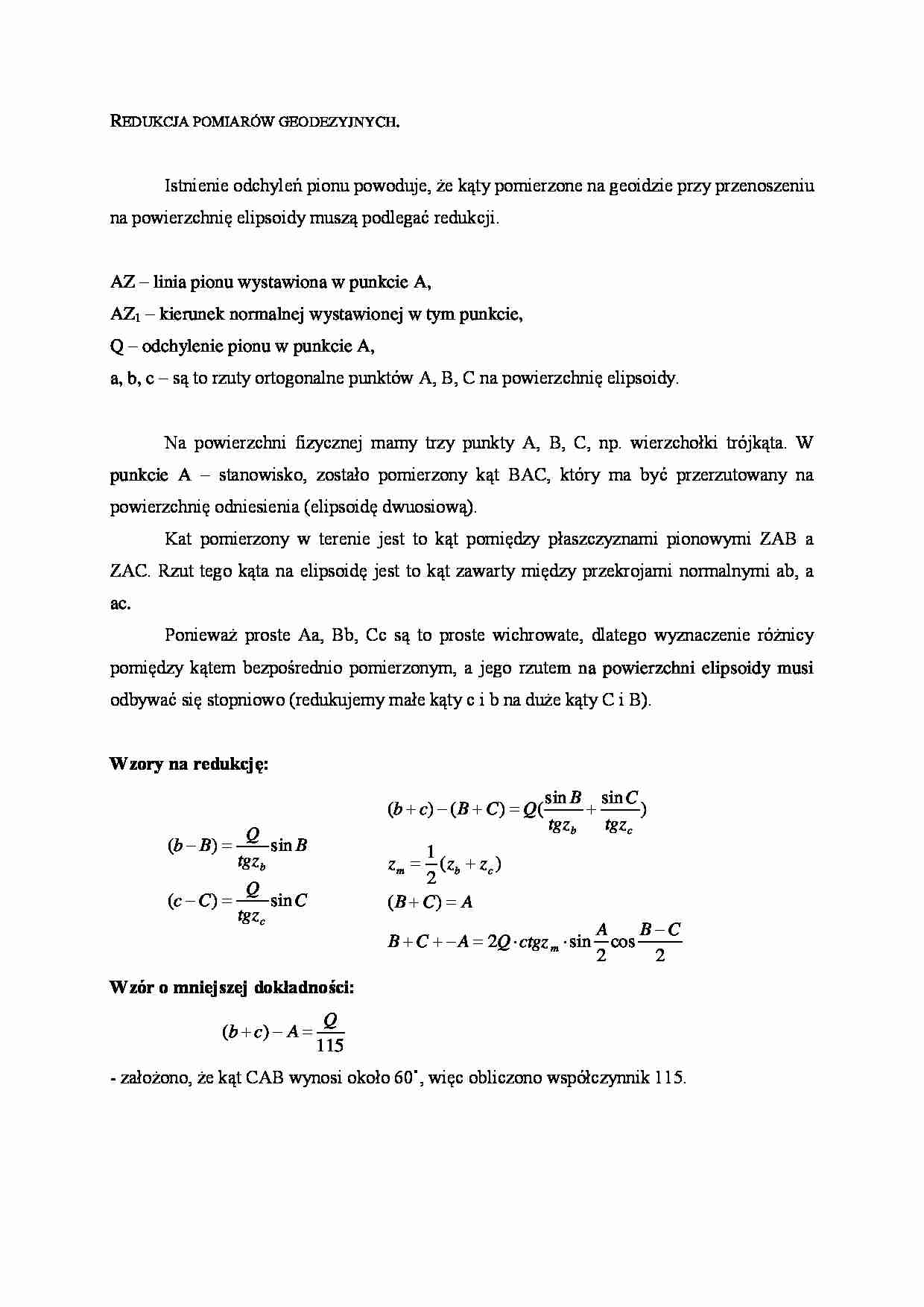Redukcja pomiarów geodezyjnych- opracowanie - strona 1