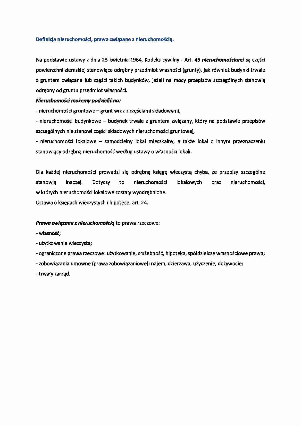 Definicja nieruchomości, prawa związane z nieruchomością- opracowanie - strona 1